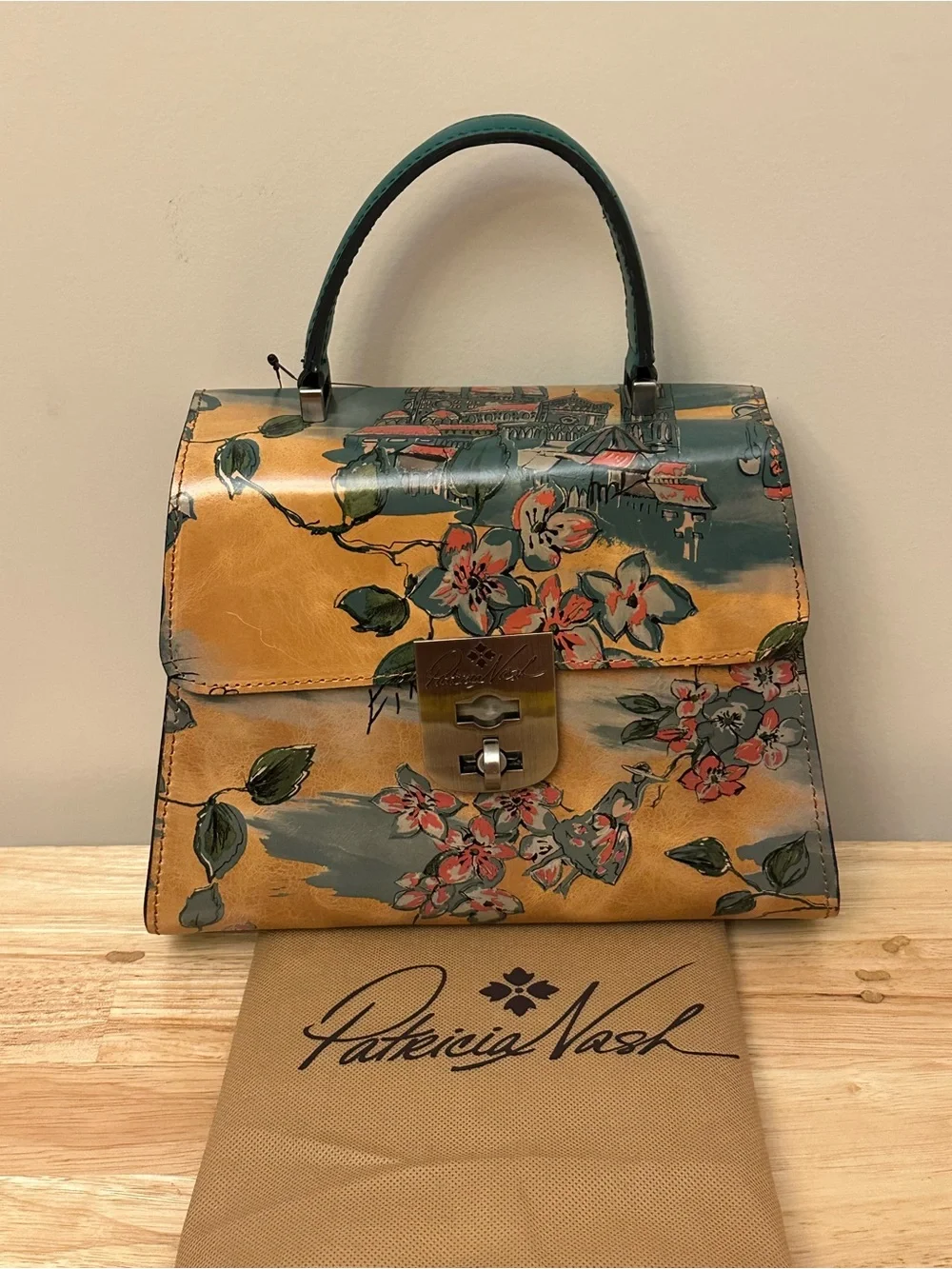 Patricia Nash Floral Top-Handle Satchel in Tan and Green